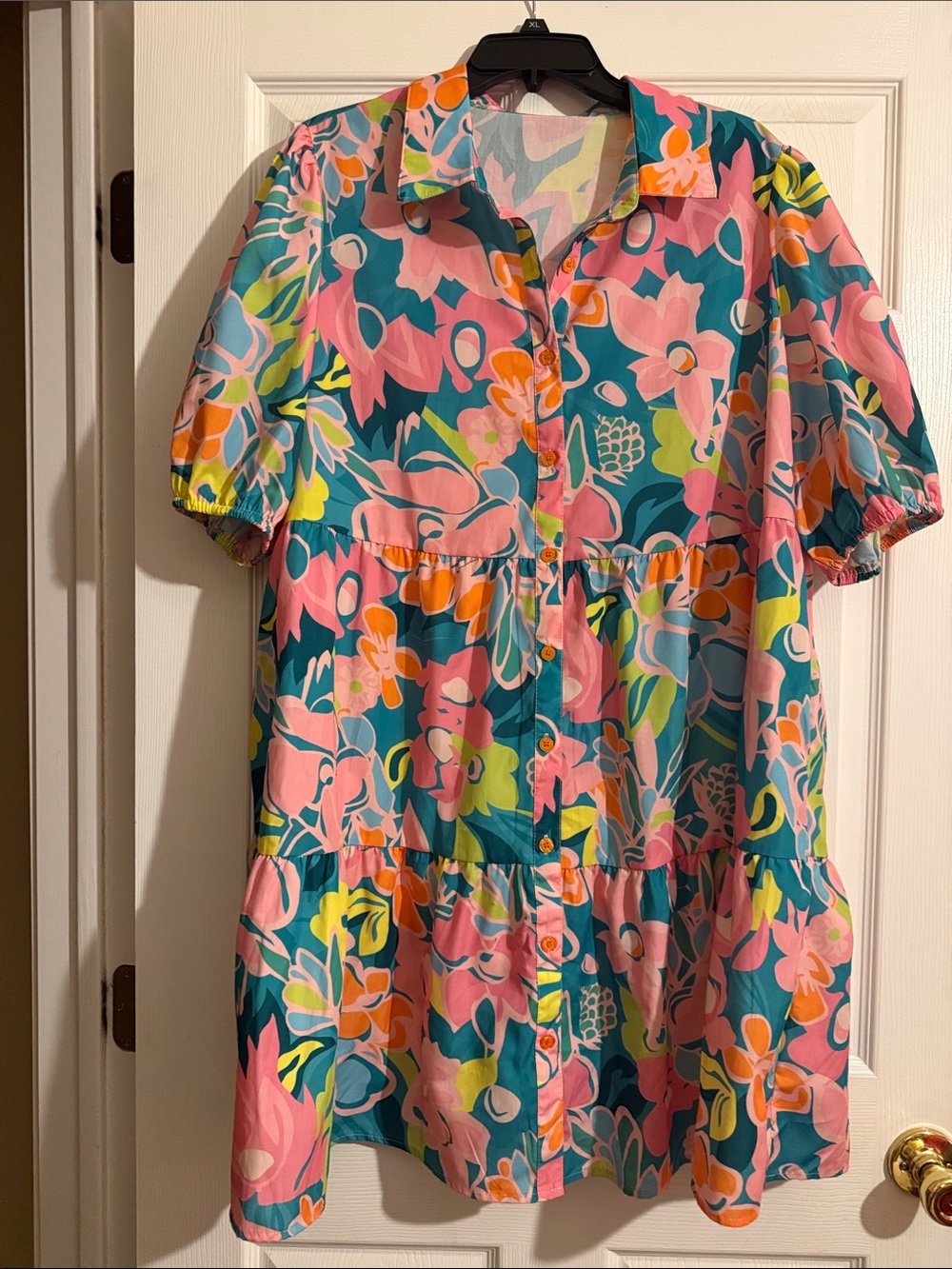 Collared Puff Sleeve Floral Tiered Mini Shirt Dress